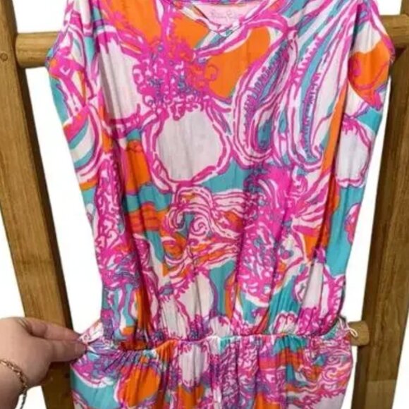 LILLY PULITZER DEANNA Romper "FEELING TANKED" Size M 8 10 Belt Pink Orange Blue - Picture 4 of 4